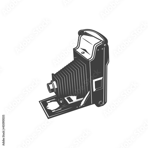 Folding photocamera isolated photo shooting device monochrome icon. Vector pld photocamera, photography making equipment. Unfolded vintage camera, photo-camera photography shooting retro device