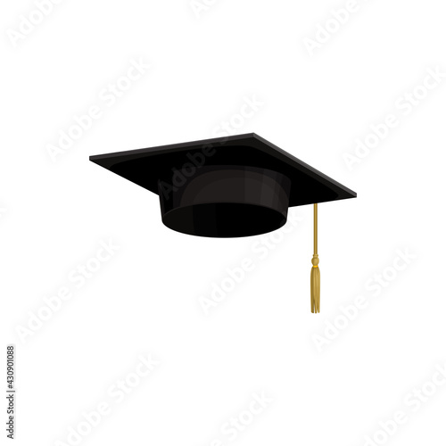 Cap of college or hat of university education student, vector icon. Isolated academic or school graduate diploma cap with gold tassels, academy degree and graduation ceremony student square black hat