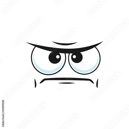 Irritated angry smiley in bad mood isolated emoji icon. Vector wrathy sad emoticon with curved down mouth, social network chatting sign. Grumpy sullen emoji, ireful or rageful smiley facial emotion