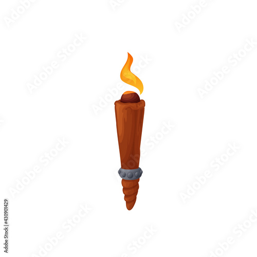 Wooden stick with burning fire isolated flaming torch icon. Vector sparkling portable piece of wood with fire, retro illumination. Sport object carried ceremonially, liberty, freedom and power mascot