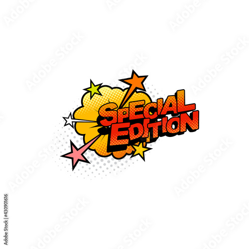 Halftone sticker special edition of comic book, novel, dictionary or magazine isolated cloud burst with stars. Vector dotted halftone sticker, label on book cover. Special edition of brochure textbook