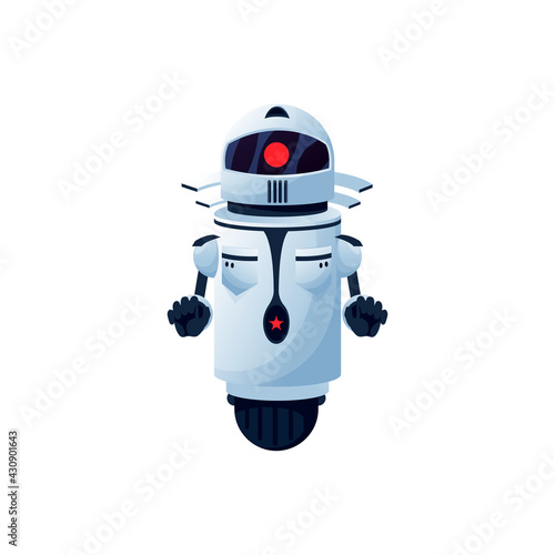 Humanoid robot isolated futuristic cyborg on one wheel. Vector digital character with big eye on head. Modern artificial intelligence electronic space automaton. Kids toy, white robotic friendly bot