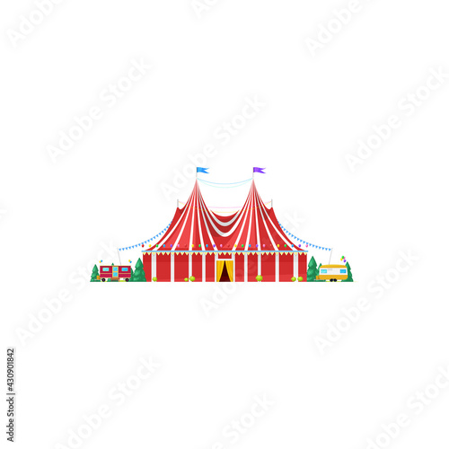 Shapito traveling circus tent isolated striped awning icon. Vector itinerant big top circus, facade of entertainment building decorated by flags. Trailers and trees, amusement fair, magic marquee
