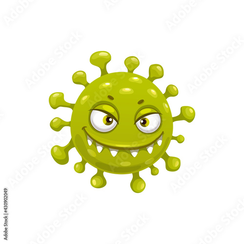 Cartoon coronavirus cell vector icon, funny covid19 virus or bacteria or germ character with toothy laughing face. Smiling angry pathogen microbe monster with big eyes, isolated covid cell