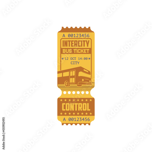 Bus ticket on intercity public transport isolated boarding pass, tire-off control line. Vector retro coupon, one way or single trip card with number and date, auto-bus vehicle public transportation