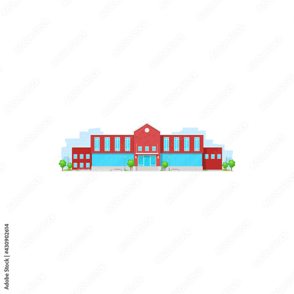 City court, library, hospital or healthcare clinic isolated urban construction. Vector municipal building, government department. University or museum, house facade exterior of red brick and glass