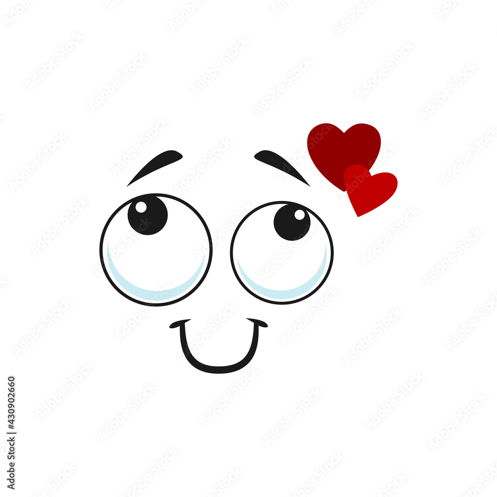 Cartoon dreaming face with red hearts over head and smiling mouth, vector love emoji. Funny facial expression, positive feelings, cute loving character isolated on white background Cartoon dreaming face with red hearts over head and smiling mouth, vector love emoji. Funny facial expression, positive feelings, cute loving character isolated on white background