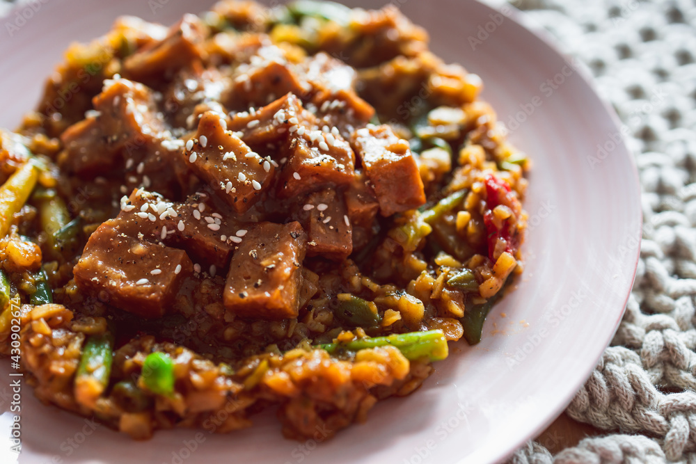 vegan Korean teriyaki sticky tofu with stir fry vegetables, healthy plant-based food vegan Korean teriyaki sticky tofu with stir fry vegetables, healthy plant-based food