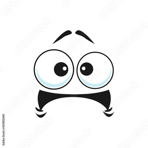 Cartoon face vector icon, frightened worry emoji, scared facial expression with wide open or goggle eyes and open tremble mouth. Fear or worry feelings isolated on white background