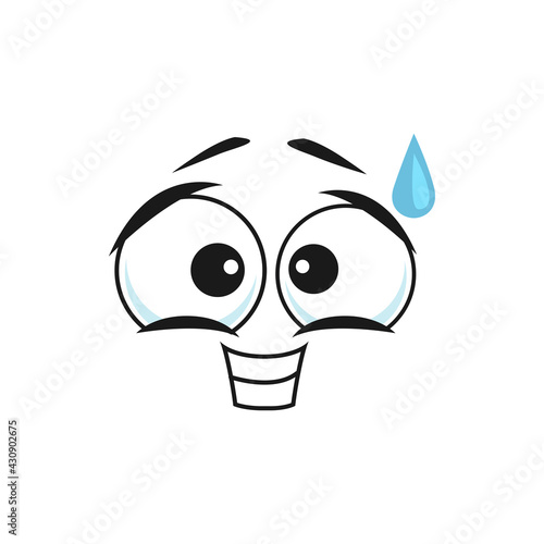 Cartoon sweating face vector smile, guilty or hangdog emoji, funny smiling facial expression with drop of sweat. Human feelings, in fault comic emotion isolated on white background