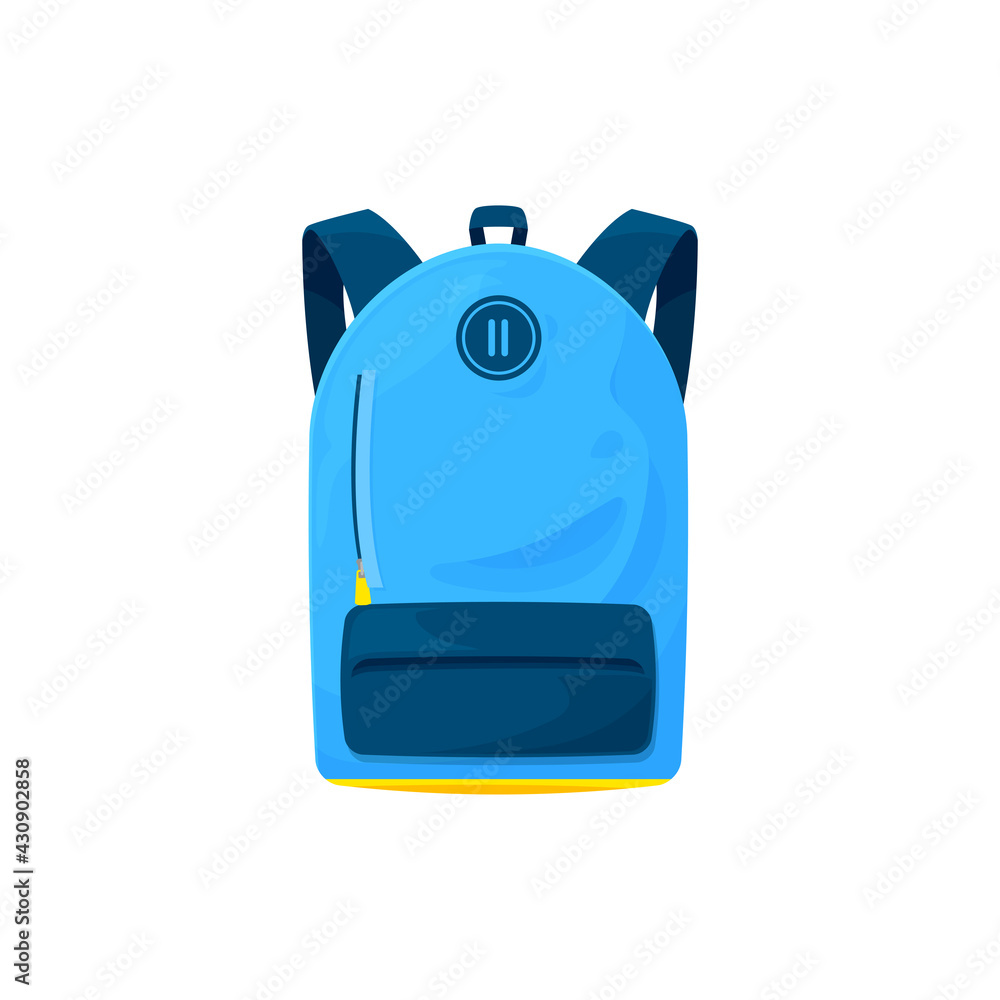 Obraz premium Kids schoolbag isolated vector icon, cartoon student rucksack of blue color with slip pocket and zip locks. Hiking backpack, touristic knapsack or school bag on white background