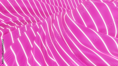 Beautiful wavy background. White glowing stripes on a magenta background. 3D rendering image.