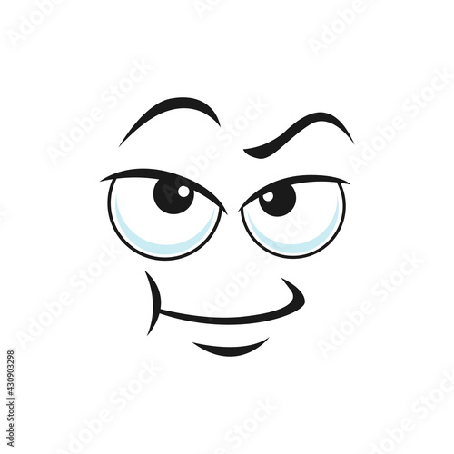 Disbelief emoticon expression, distrusted sad mood emoji isolated line art icon. Vector suspicious emoticon with angry face. Distrustful emoji with big eyes curved smile, doubtful or questioned smiley