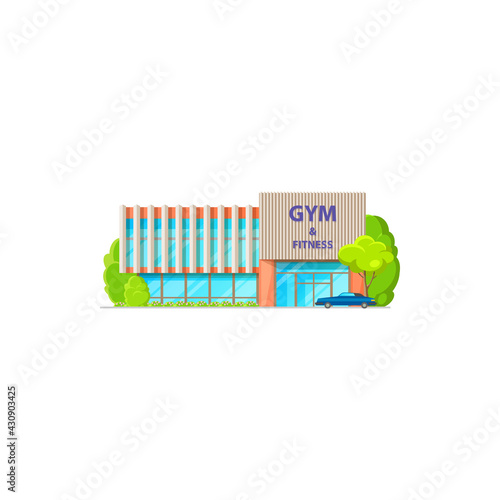 Private property fitness gym center with parked car isolated facade exterior. Vector front view of beauty fitness gym modern building. Public architectural business sport commercial workout club