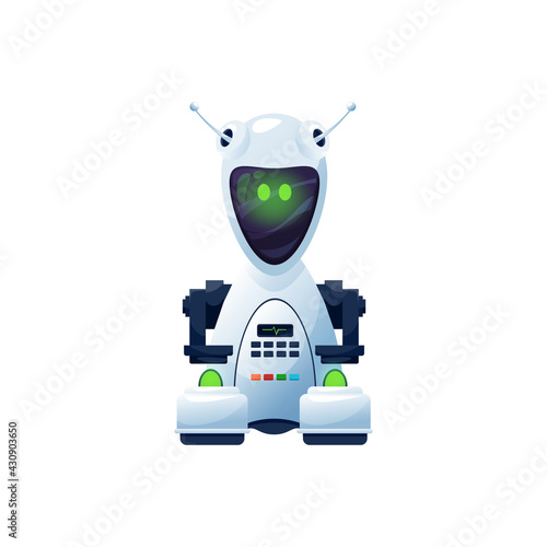 Cartoon robot vector cyborg character. Artificial intelligence technology, friendly toy or bot with digital glow face, green eyes and heart beating line on display. Cute chatbot with antennas on head