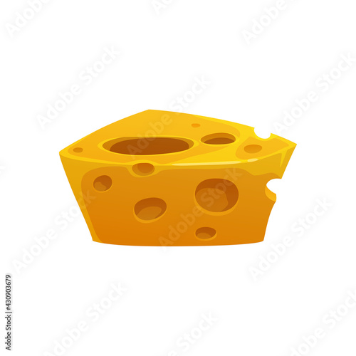 Block of Swiss cheese isolated cartoon icon. Vector healthy organic eating, Emmental cheese with holes, shop emblem. Edam or parmesan, italian cuisine appetizer, sliced soft cheddar realistic block