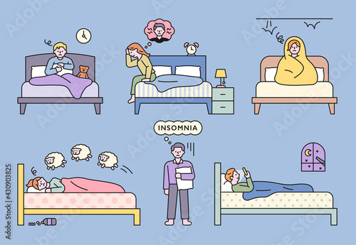 People suffering from insomnia due to various problems. flat design style minimal vector illustration.