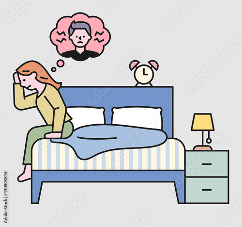 A woman is falling asleep thinking about having an quarrel with her boyfriend. flat design style minimal vector illustration.