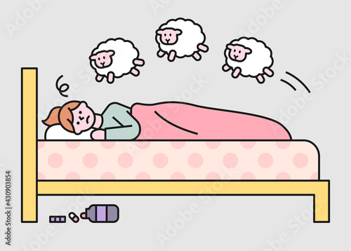 A girl is counting the amount after taking sleeping pills for insomnia. flat design style minimal vector illustration.