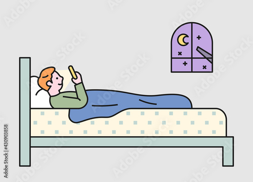 A man is falling asleep while lying in bed and looking at his smartphone. flat design style minimal vector illustration.