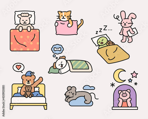 Cute animal characters are sleeping in various poses. flat design style minimal vector illustration.