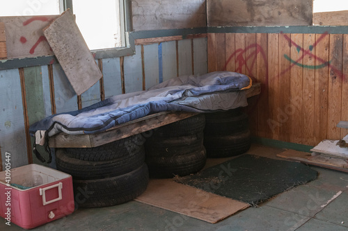 A makeshift bed in an abandoned building in Klamath Falls, Oregon. 