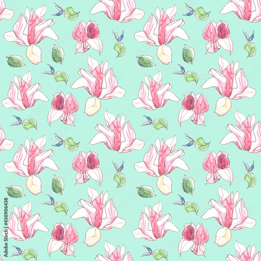 Seamless pattern with watercolor spring magnolia flowers on green background