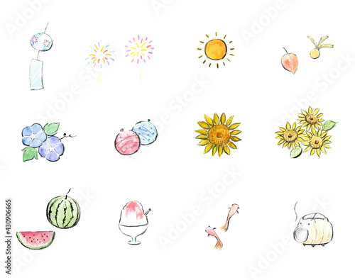 夏の墨絵風イラストセット　