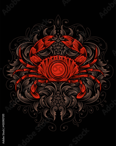 illustration crab cancer zodiac symbil with engraving ornament