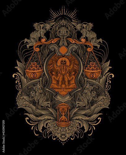 illustration capitalism businnessman with vintage engraving ornament