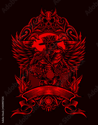 illustration vector plague doctor robotic costume with vintage ornament