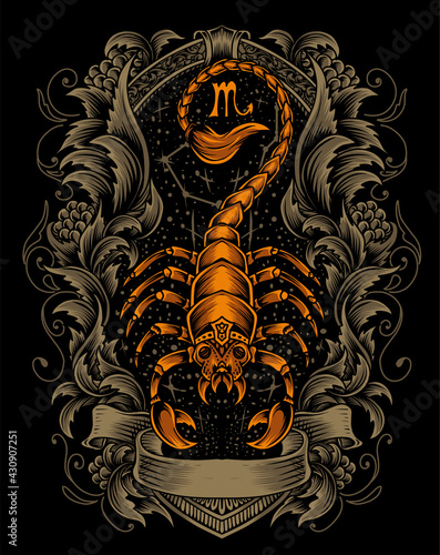 illustration scorpio zodiac symbol with engraving ornament style