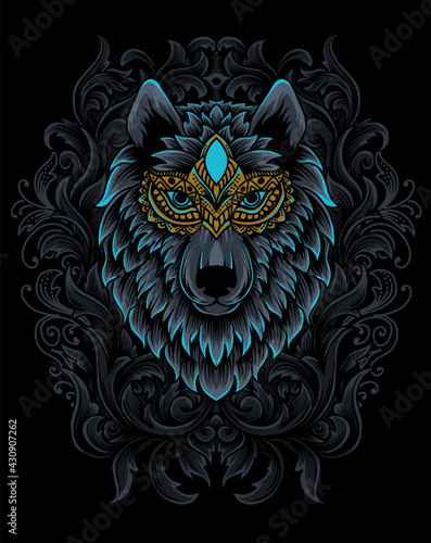illustration wolf head with vintage engraving ornament
