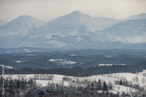 冬の美瑛の丘と山の風景