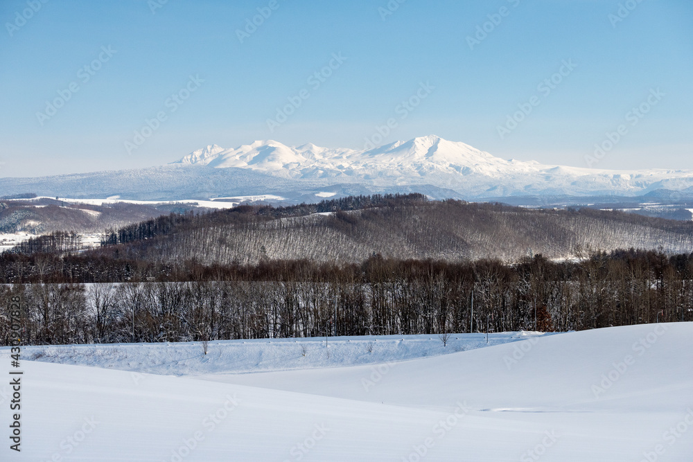美瑛町の冬景色 大雪山と青空の風景