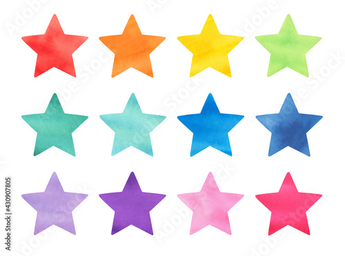 Water color illustration collection of colorful abstract stars of various colours. Handdrawn watercolour   cut out clipart elements for creative design  template  scrapbooking  baby shower invitation.
