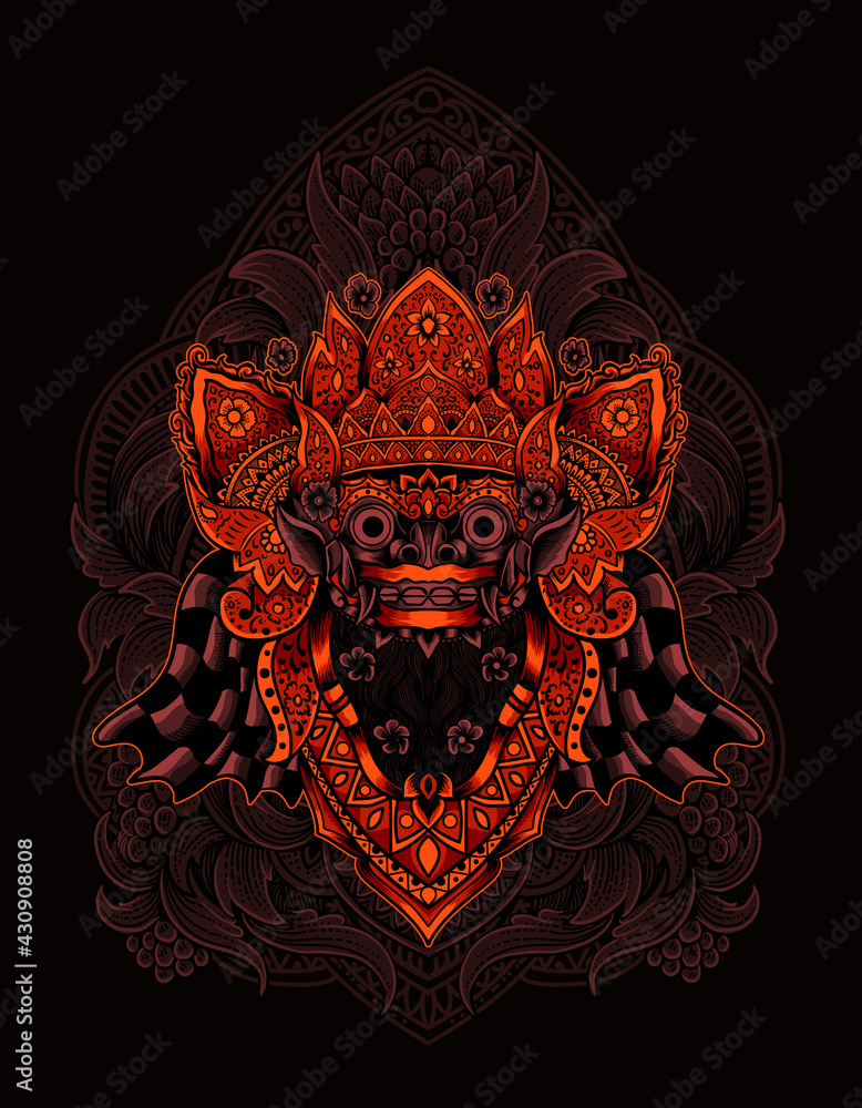 Illustration vector barong head with vintage engraving ornament