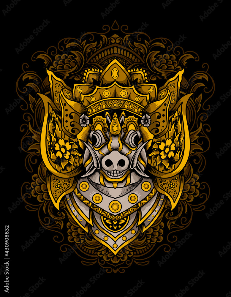 Illustration vector barong bangkung head with vintage engraving ornament