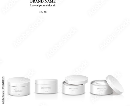 3d realistic vector white cosmetic cream jars in front view with open and closed cap.