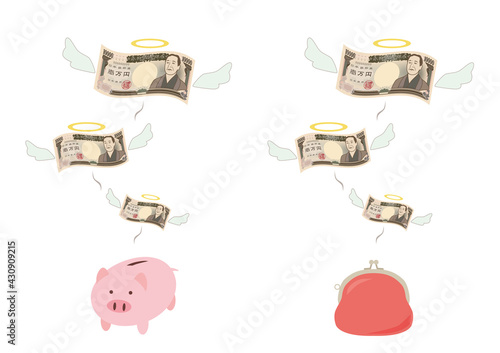 紙幣　お札　羽が生えて飛んでいく　イラスト素材