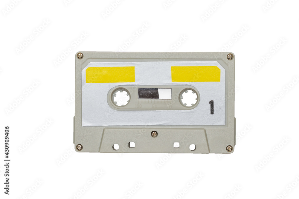 Gray-yellow retro tape recorder isolated on a white background.