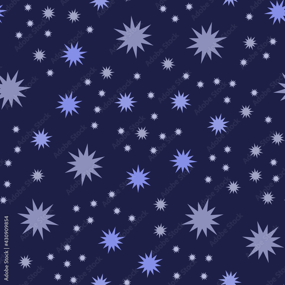 Star pattern. Seamless repeating blue background with different flashes in the sky, circus for baby, kid, child. For textiles, fabrics and printing. Packaging design, wrapping paper. Vector Star pattern. Seamless repeating blue background with different flashes in the sky, circus for baby, kid, child. For textiles, fabrics and printing. Packaging design, wrapping paper. Vector