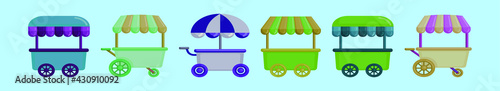 set of street food cart cartoon icon design template with various models. vector illustration isolated on blue background