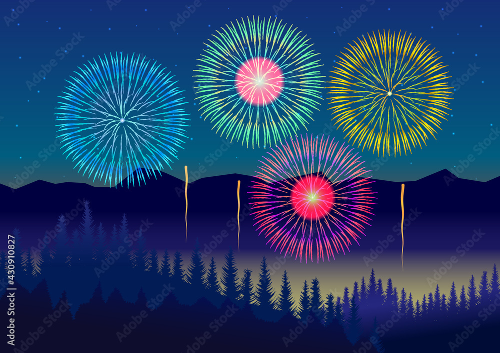 Obraz premium 打ち上げ花火 風景 ベクターイラスト