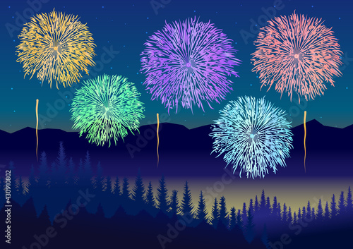 花火　山　風景　ベクターイラスト