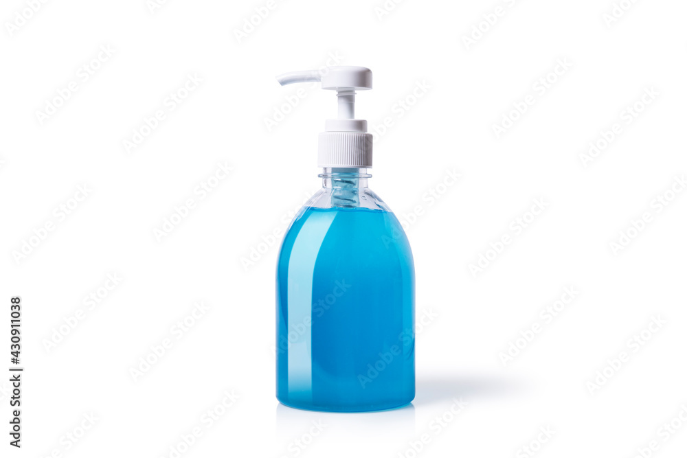 Alcohol, blue gel and bubbles in a clear plastic bottle isolated with clipping path on gray background, concept a health care and protect bacteria by disinfectant . Alcohol, blue gel and bubbles in a clear plastic bottle isolated with clipping path on gray background, concept a health care and protect bacteria by disinfectant .