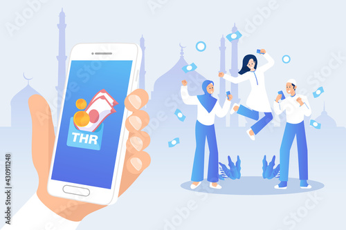 happy teenagers receives THR (Tunjangan Hari Raya) or Eid Mubarak bonuses through online banking application