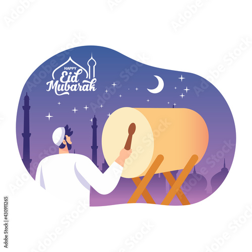 Happy eid mubarak greeting card, young man hitting bedug or drum for celebrating eid al fitr