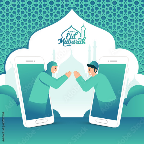 Happy eid mubarak greeting card, muslim couple blessing Eid mubarak through smart phone screens using video call