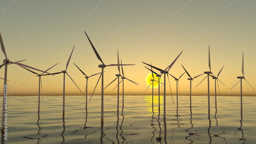 Offshore wind powers. Renewable energy, eco-friendly wind power generation.	
